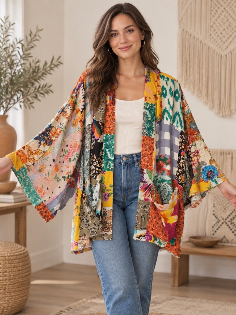 514.Young Threads Patchwork Floral Open-Front Kimono Jacket - Multicolor